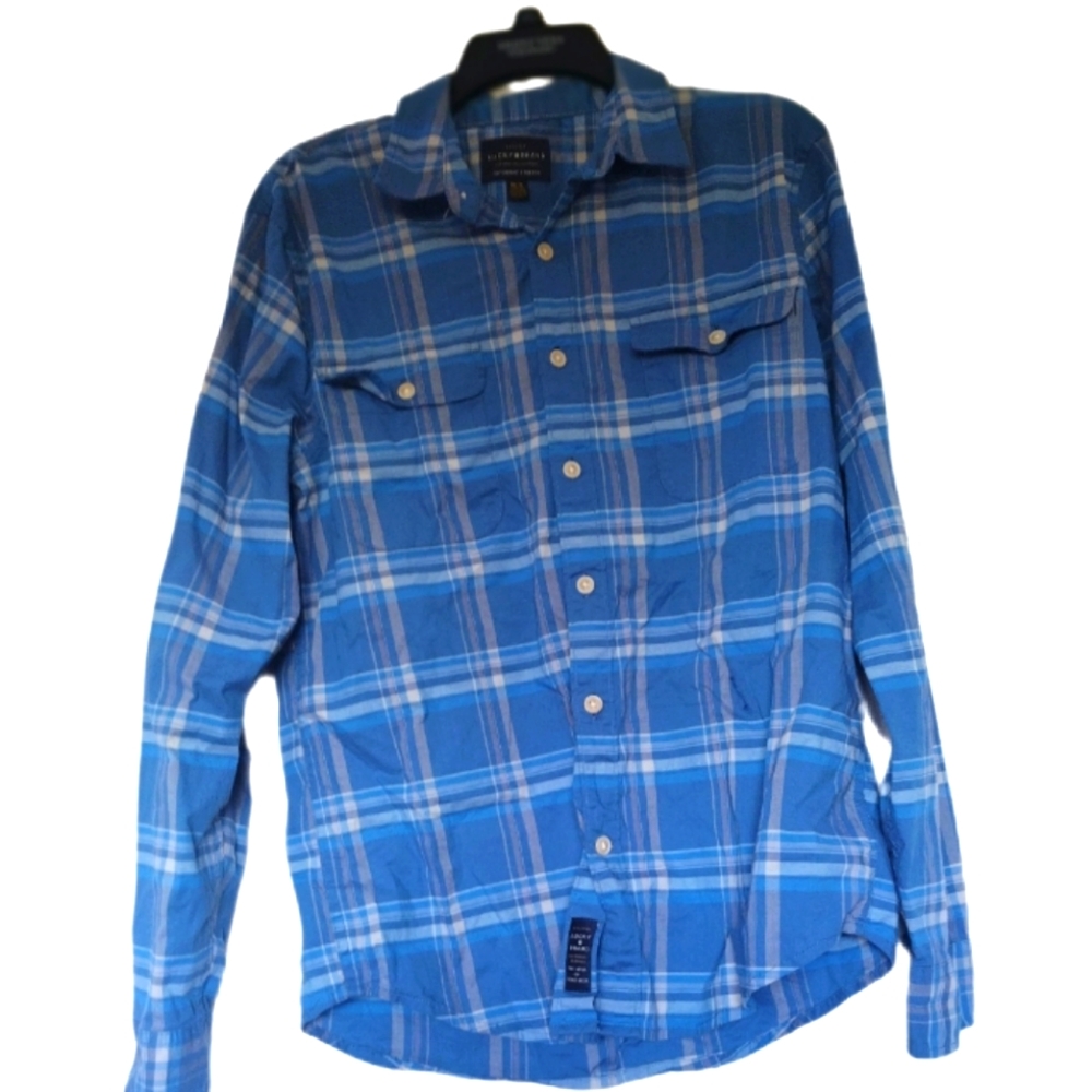 Lucky Brand Saturday Stretch Blue Plaid Long Sleeve Button Up Shirt size M - Picture 1 of 5